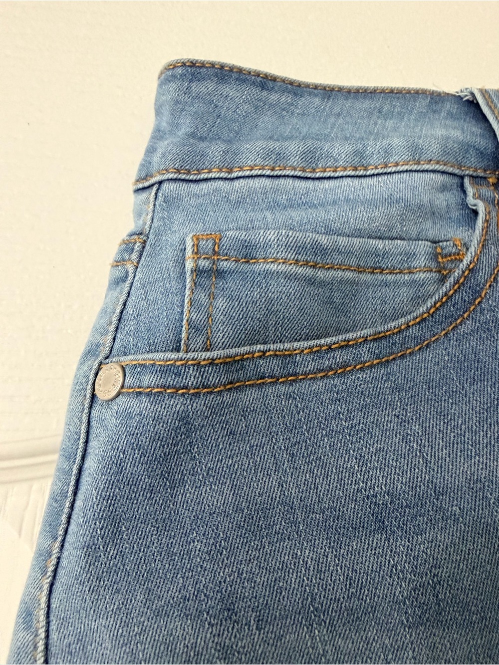 {GUESS} Light Blue Wash Distressed Denim Mini Skirt - Front High Waisted Buttons - Picture 4 of 14
